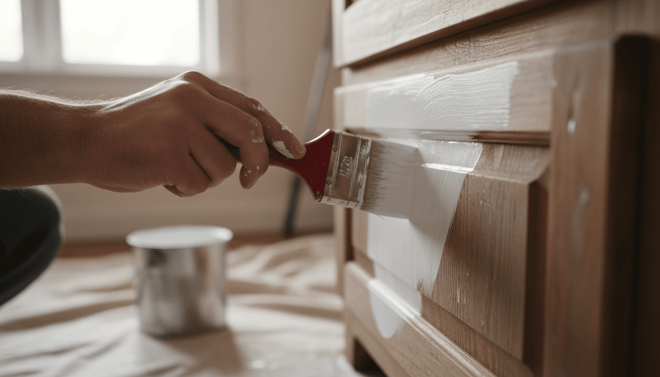 Painter carefully applying fresh paint to a wooden cabinet with precision